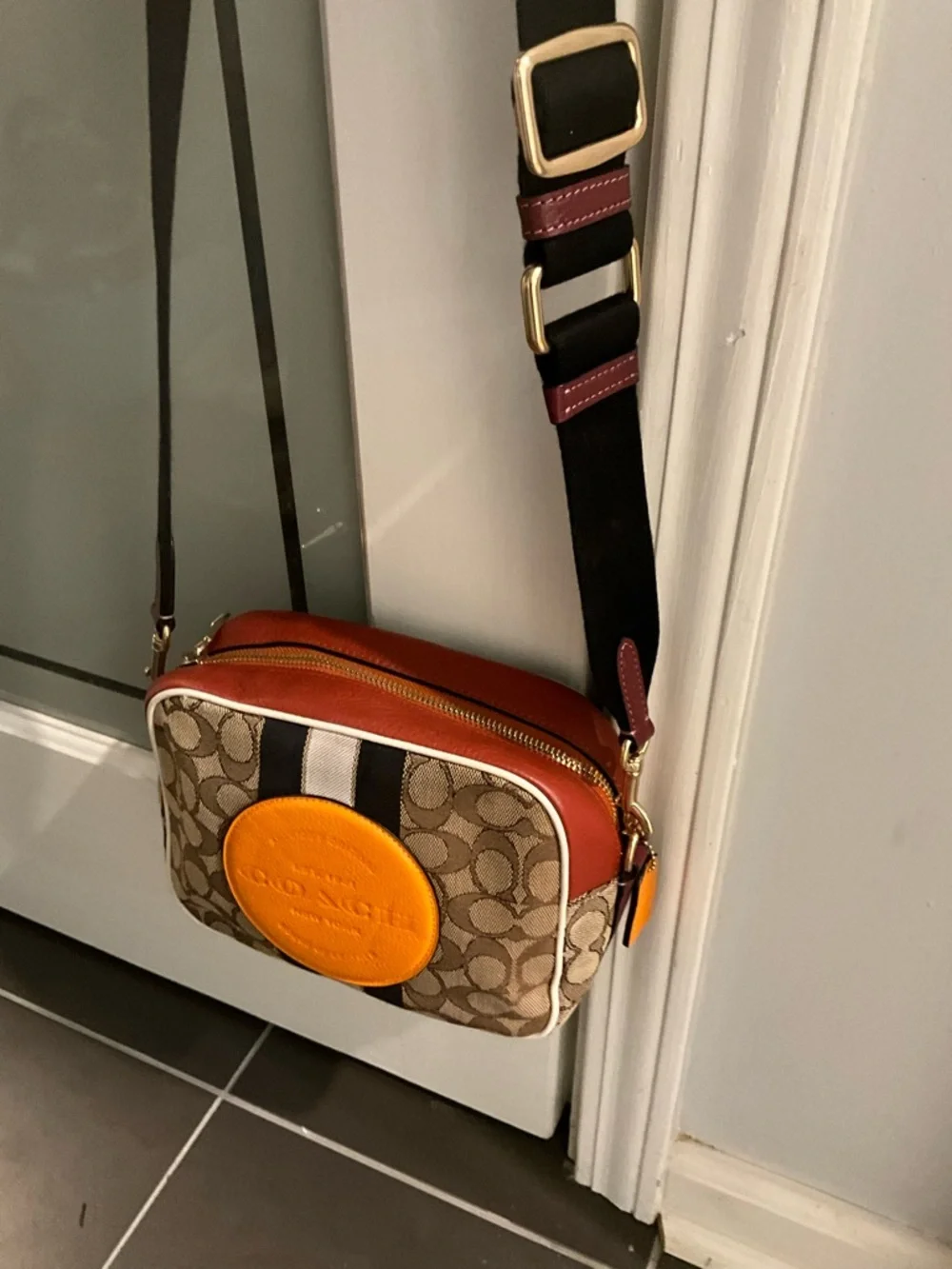 Coach Dempsey Camera Bag In Signature Jacquard w/Orange Coach Patch